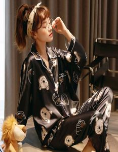 Любители U1HM PAJAMAS Женщины с полным рукавом шелк Silk Satin Satin Sets Sets Clorte Bear Pare Pajama for Women Cartoond Print Seelswear Sets P9191809