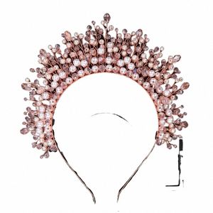 crystal Pearl Bridal Headband Crown Women Ornaments Handmade Pink Wedding Hair Accories Jewelry Party Bride Headpiece Tiaras h9YA#