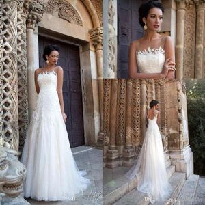 Lace Sexy White A Line Dresses Scoop Sheer Mesh Tulle Applique Backless Court Train Bohemia Bridal Wedding Gowns Robe De Marie Pplique
