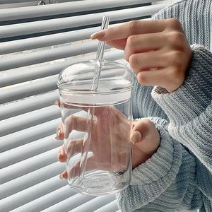 500 ml de bebida com tampa e palha de palha de vidro alto copo de copo de vidro de vidro à prova de vazamentos para café gelado de café 240416