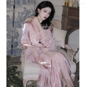 Casual Dresses Luxury Evening For Women Feather Spliced Long Sleeved Prom Gowns Autumn Sexy V-Neck Lace Up Wedding Robe Vestidos Q741