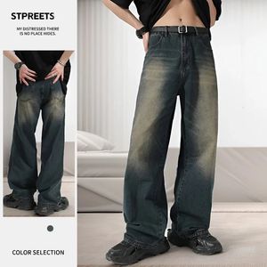 American Retro distressed jeans mens high street straight loose washed wideleg denim trousers male streetwear 240415