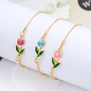 Charmarmband Japan Korea Elegant Tulpan Rose Armband för kvinnor Girls Sweet Colorful Flower Gold Color Metal Chain Eesthetic smycken