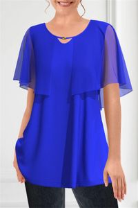 Women Plus Size Dressy T Shirt Royal Blue Chiffon Flutter Sleeve Double Layer Cut Out Fake Two Pieces Pleated ALine Summer Top 240412