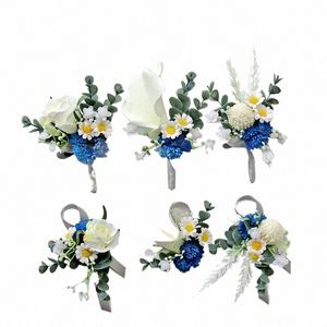 GT Corsage Wedding Boutnieres Blue Roses Silk Armband Frs Groom Man Suit Butthole Brosch Pins Marriage Accores P9ve#