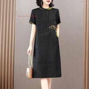 Etnik Giyim 2024 Çin Geliştirilmiş Qipao Elbise Vintage Cheongsam Ulusal Çiçek Nakış A-Line Oriental Satin Ziyafet