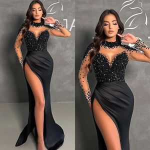 Black Mermaid Evening Dresses Beaded Neck Party Prom Dress Split Long Sleeves Formal Long Red Carpet Dress for special occasion