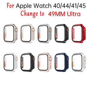 9H Tempered Glass Screen Protector Cover For Apple Watch 44mm 45mm 40mm 41mm Hard PC Plastic Shockproof Front Edge Bumper Case For Iwatch 9 8 7 6 5 4 Change To Ultra