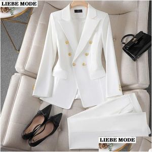 Women'S Two Piece Pants Womens Female Uniform Business Suits With Straight Trouser Elegant Office Blazer Set For Women Work Wear Suit Dh0Tx