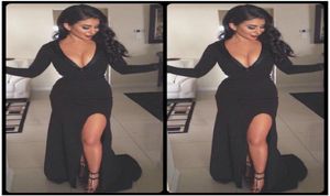 2020 Sexy Black Evening Dresses with Deep V Neckline Long Sleeves Floor Length Front Split robe de soiree longue7006367
