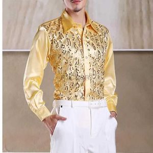 Mäns casual skjortor glänsande guld paljett glitter långärmad skjorta män 2023 ny mode nattklubb fest för kemis homme 240416
