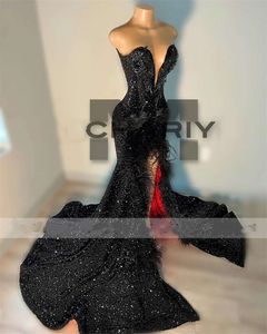 Prom paljetter sjöjungfru klänningar för svarta flickor sexig älskling fjäder födelsedagsfest klänning hög slits aftonklänningar