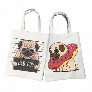 Pug Dog Women Canvas Tote Bag Eco Dug Life Shop Bag de grande capacidade Bad Bag de ombro de cachorro Mulheres femininas Shopper H0HT#