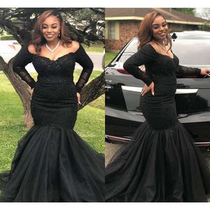 Black Plus Size Mermaid Off Shoulder Beads Long Sleeves Gowns Abendkleider Dresses Evening Wear Vestidos De Feista