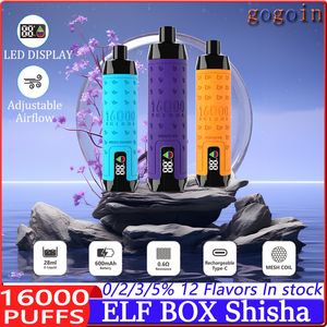 Elf Box Shisha 16000 Puffs Disponível e cigarros LED LED PUFF 16K 0% 2% 3% 5% 28 ml Preenchimento pré -enchido bobina de malha de malha 600mAh Cenagem de fluxo de ar ajustável recarregável