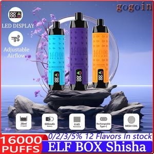 ELF BOX SHISHA 16000 PULDS Disponibla E Cigaretter LED Display Puff 16K 0% 2% 3% 5% 28 ML Förspillad POD Mesh Coil 600mAh Uppladdningsbar justerbar luftflödespenna