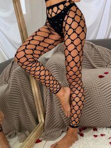 Håliga ut stora fisknät Rhinestone Blingling Pantyhose Tights Women Nylon Stockings Sexig Night Clubwear Medias Negras Legging 240401
