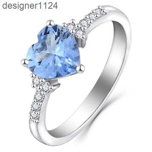 Hög kvalitet 925 Sterling Silver Blue CZ Ring Womens Romantic Heart-Shaped Ring Rhodium Plated Diamond Stone