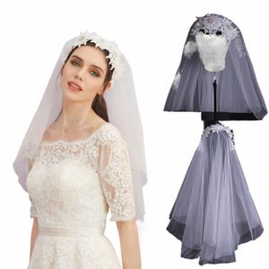 Elegant 3D FRS Beaded Pearls Appliced ​​Spets Bride Veil Cathedral Wedding Accores Woman's Accores H3ZN#