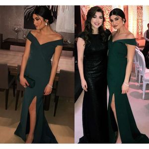 Cheap Dark Green Simple Mermaid Off Shoulder High Side Split Sweep Train Formal Prom Dresses Evening Gown Custom Made