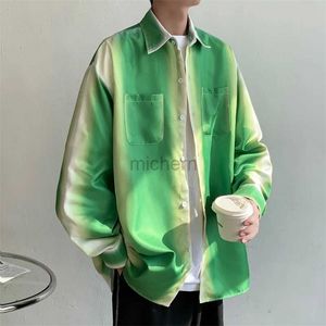 Men's Casual Shirts Green Gradient Mens Shirt Korean Long Sleeved Single Breasted Top Jacket 2024 Summer Fashionable Loose Oversized 240416