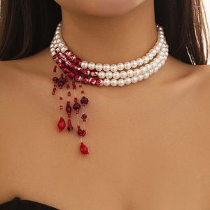 Ketten mehrschichtig Vintage rotes Blutmuster Imitation Perle Quasten Anhänger Halskette für Frauen Goth Kristallperlenkette Halloween Schmuck Schmuck