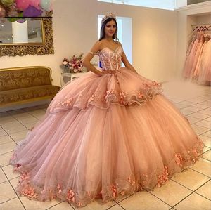 Dresses brilhantes do shulder Quinceanera vestidos de 15 Anos 3d Flowers Lace Princesa Festa de Aniversário Vestidos