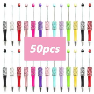 50pcs Diamond Beaded Pen Wholesale Creative DIY Plastic Glitter Ball Handmade Stick Pens For Writing