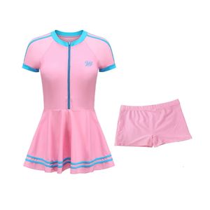 Dziewczyny z krótkim rękawem One Piece Children Swimsuit Kosze Kąpiec Kącik Front Zipper Beach Fircing Suits 240416