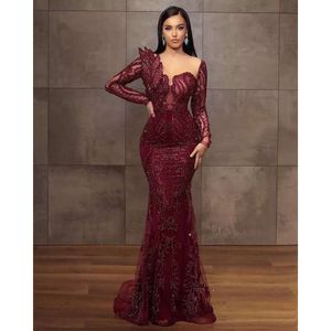 Arabic Aso Ebi Bury Lace Beaded Evening Mermaid Sheer Neck Prom Dresses Long Sleeves Formal Party Second Reception Gowns