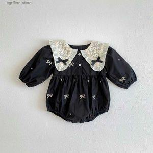 Rompers Spring New Lace Collar Baby Romper Infant Black Flower Bodysuit Girls Cotton Jumpsuit Clothes L410