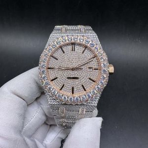 Full CZ diamonds watch rose gold 2tone case 42mm big stones bezel black dash numbers men automatic shiny watches