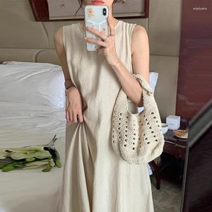 Casual Dresses Korean Chic Summer Simple Fashion Dress Round Neck One Button Hollow Open Back Sleeveless Tank Top Long For Women