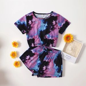 18 år Baby Little Girls Tie Dye Clothes Summer Tshirt and Shorts Set med sidofickor Kidskläderutrustning för småbarn 240327