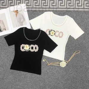 Kadın T-Shirt Tasarımcısı Xiaoxiangfeng 23 Yaz Yeni Dingdiamond Yaka Coco Mektup Moda İnce Fit Örgü Kısa Kollu Kadınlar 19ce