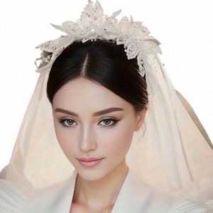 Bride Luxury Lace Wedding Dr. Crown Crown Floral Bridal Wedding Véils com pente FRS Lace Pearl Hair Accorts I9CZ#