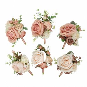 dusty Pink Silk Rose Boutniere for Wedding Pins Artificial Handmade Bridesmaid Groomsen Corsage Wrist bruiloft accoires w5Di#