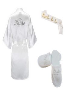 مجموعة جديدة 3pc من Glitter Silver Bride Robe Satin Robe Retly Slippers Bridal Sash Party202227