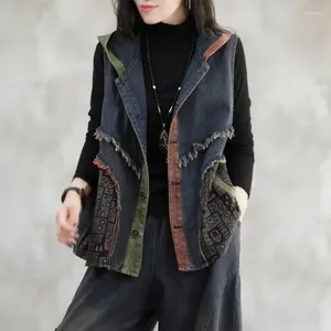 Kvinnors västar 2024 Spring Autumn Contrast Stitching Rough Selvedge Women Denim Vest Hooded Sleeveless Temperament Cowgirl Waistcoat Tops