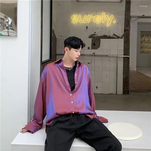 Herrklänningskjortor män designer reflekterande skjorta långärmad elegant holografisk gata hip hop punk blus man trend dating party slappna av