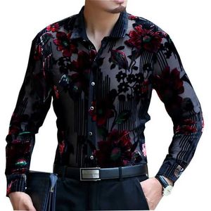Men's Casual Shirts Frolal Velvet Wedding Marriage 2019 Chemise Homme 4xl Lace Shirt Club Party Prom Sexy Male Luxury Men Transparent 24416