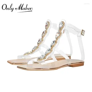 Buty swobodne OnlyMaker Women Square Tose Rhinestone T-Strap Flat Sandals Pvc Summer