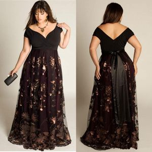 2019 barato plus size vestidos de baile mangas aline fora do ombro lantejoulas formais de piso Aplique a ocasião especial Gow1138498