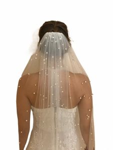 Topqueen Pearls Wedding Veils 1 Tier Soft Bridal Veil Beaded Wedding Accores 3M Cathedral Length Veil For Bride Ivory V176 09HH#