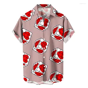 Mäns avslappnade skjortor kärleksmönster 3D tryckt fashionabla skjorta med hawaiisk stil lapel kortärmad topp andas strandkläder toppar