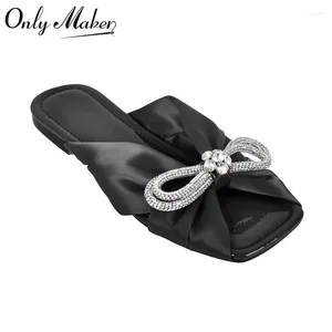 Casual Shoes Onlymaker Women's Square Toe Flat Rhinestone Bow Black Pink Sandals Big Size Slippers