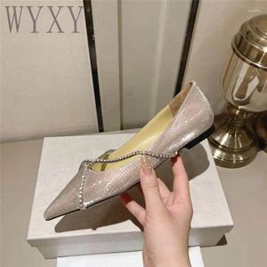 Casual Shoes Spring Pointed Toe Women Flats Crystal Chain Rhinestones Decor Fashion Real Leather Blingbling Single For Woman 2024