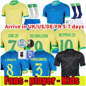 Brasils 2024 Copa America Cup Soccer Jerseys Camiseta de Futbol Paqueta Raphinha Camisa de futebol Maillot Marquins Vini Jr Brasil Richarlison Men, garotos da mulher Neymar