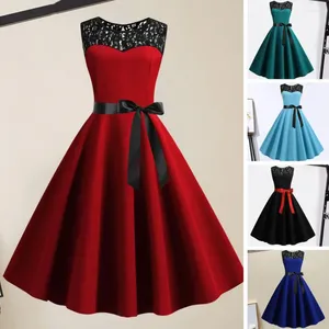 Sukienki swobodne 2024 Zimowa koronkowa czerwona sukienka świąteczna damskie ubrania huśtawka z krótkim rękawa