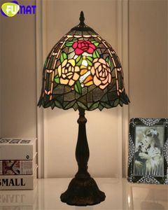 FUMAT style table lamp red pink rose stained glass desk light Dia12 inch handicraft home decor e12 green leaf lamps LED4357082